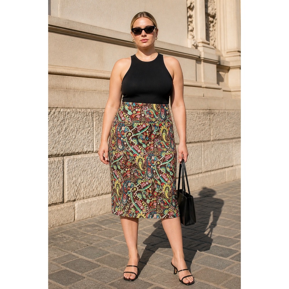 LuLaRoe Cassie Pencil Skirt 2XL Brown Paisley Floral Textured Stretch Midi Skirt